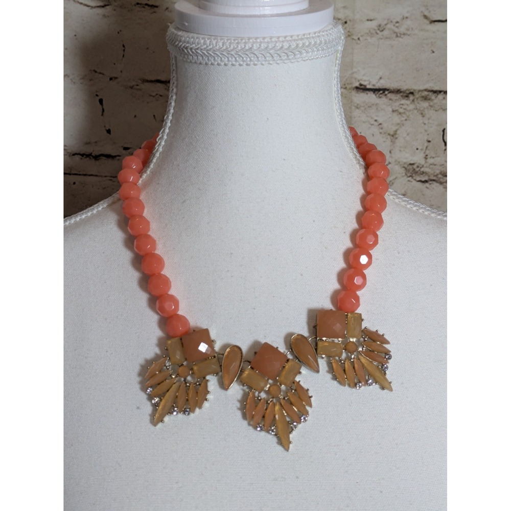 Peachy Orange Beaded Statement Bib Necklace Faceted Beads Romantic 20" Long